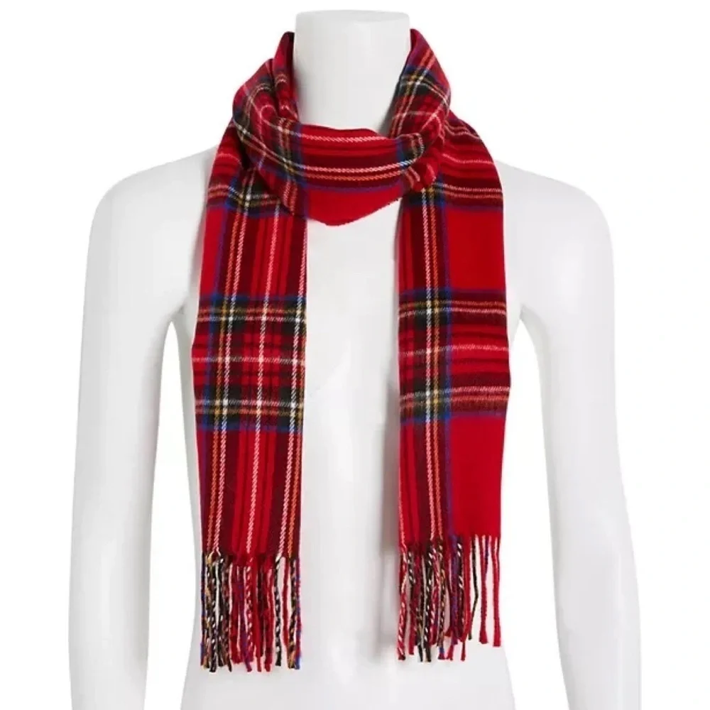 Red Tartan Plaid Scarf with Fringe Ends